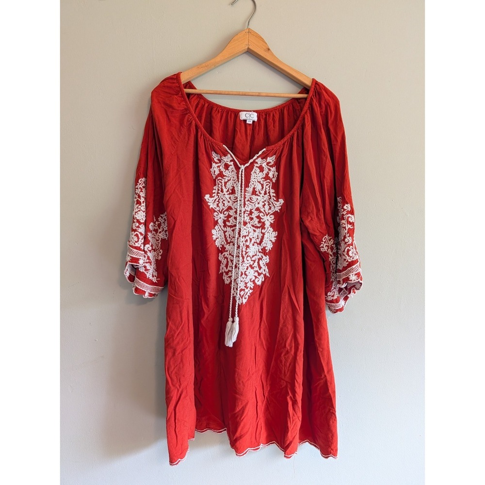 Chic Connection Embroidered Tunic Top Boho Peasant Hippie Folk Rust Mini Dress